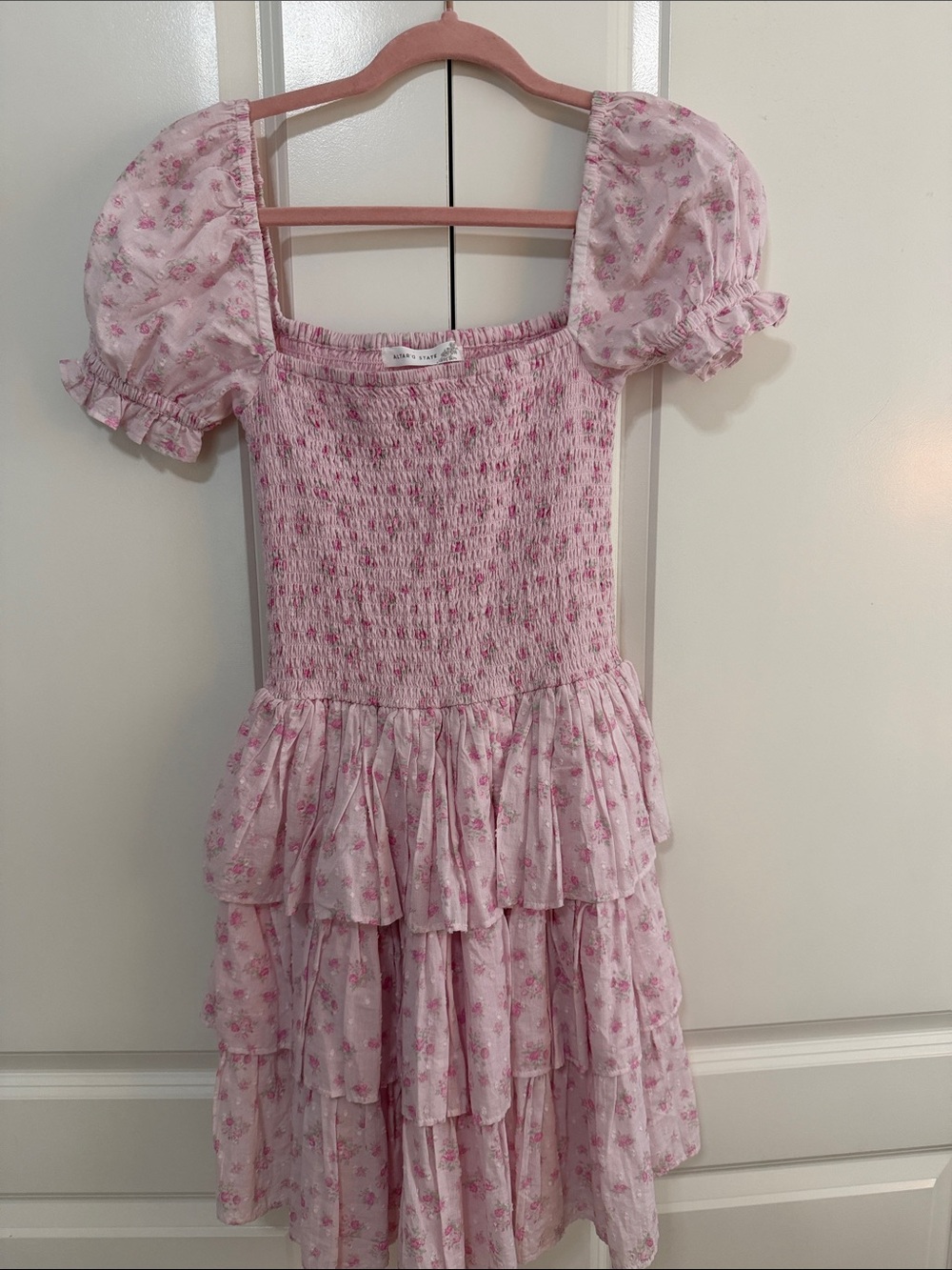 Altar'd State Pink Floral Tiered Smocked Dress with Puff Sleeves